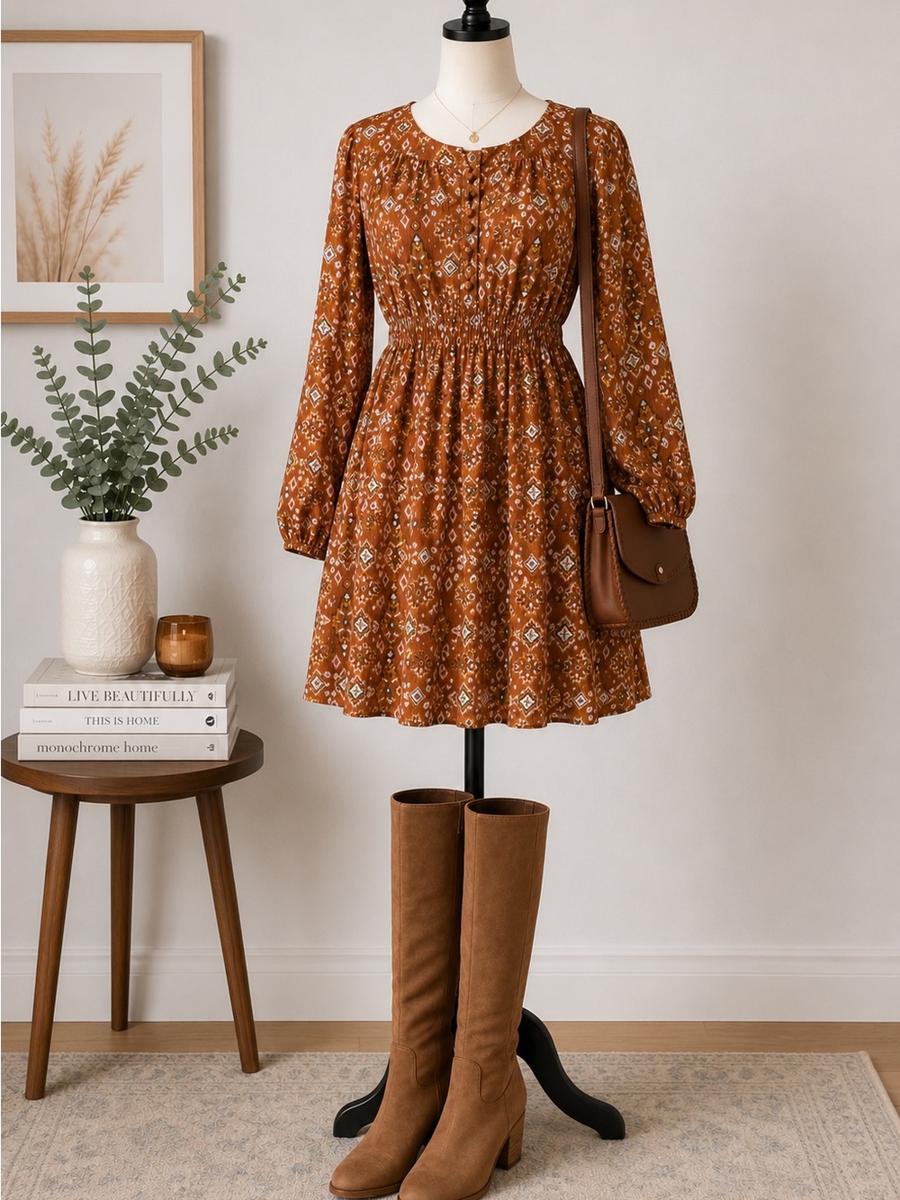 Vanilla Bay Rust Orange Boho Print Dress | Size Small | Fully Lined